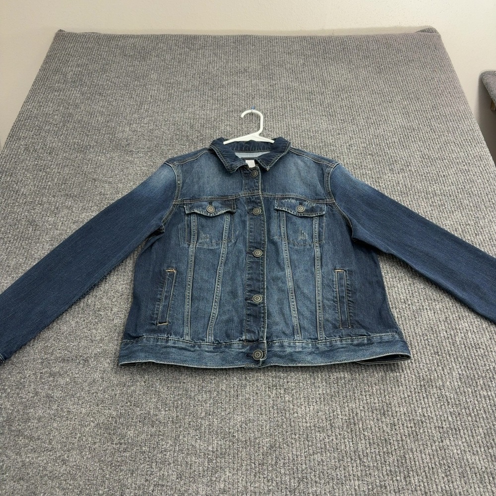 LC Lauren Conrad Denim Jacket Women L Blue Cotton Blend Distressed Trucker Style